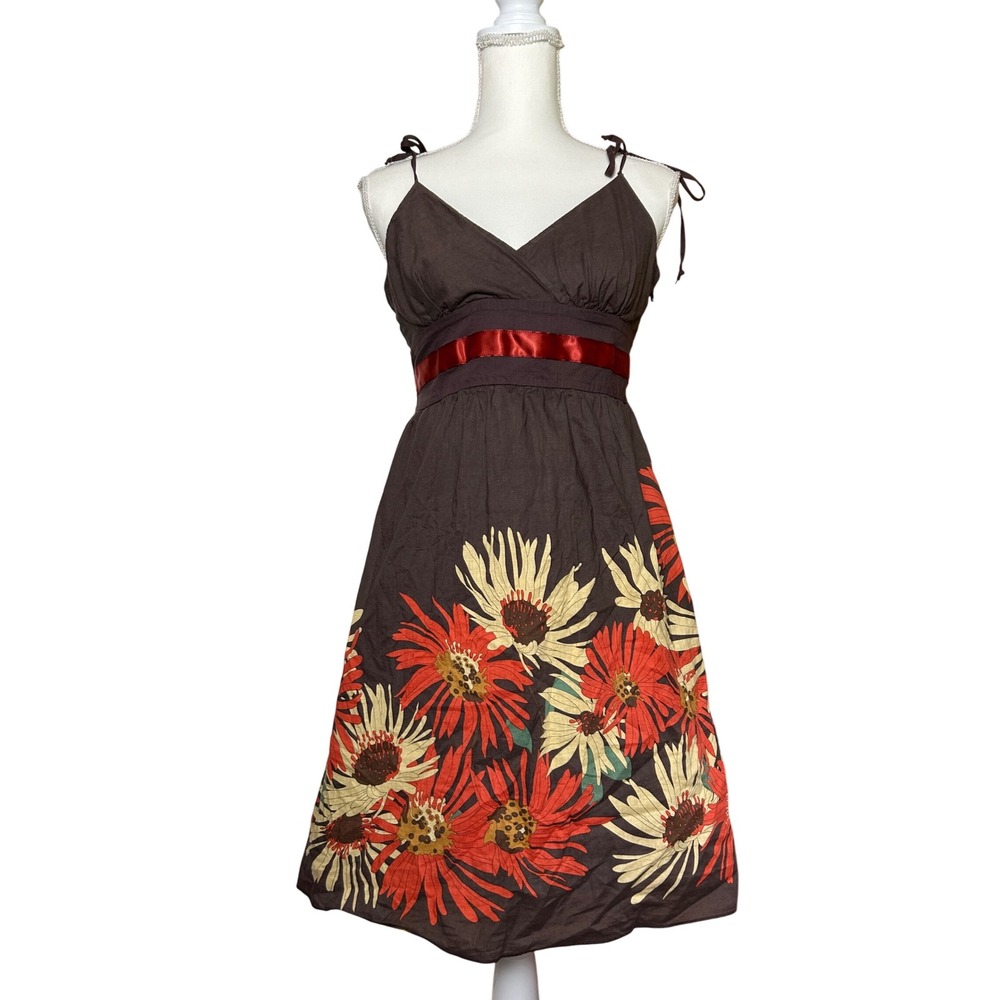 Brown Floral‎ Sundress Cottagecore Summer Spaghetti Strap Dress Autumn Fall Y2K